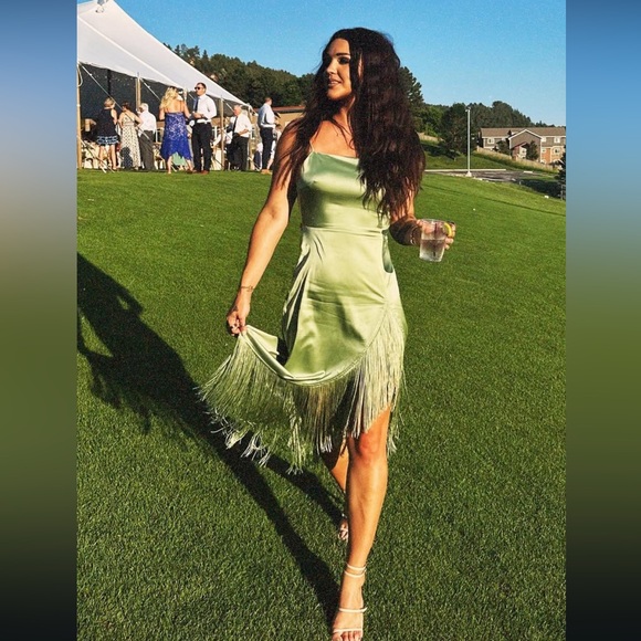 12th Tribe Dresses & Skirts - NWT 12th Tribe Monet Sage Fringe Satin Maxi Dress Large